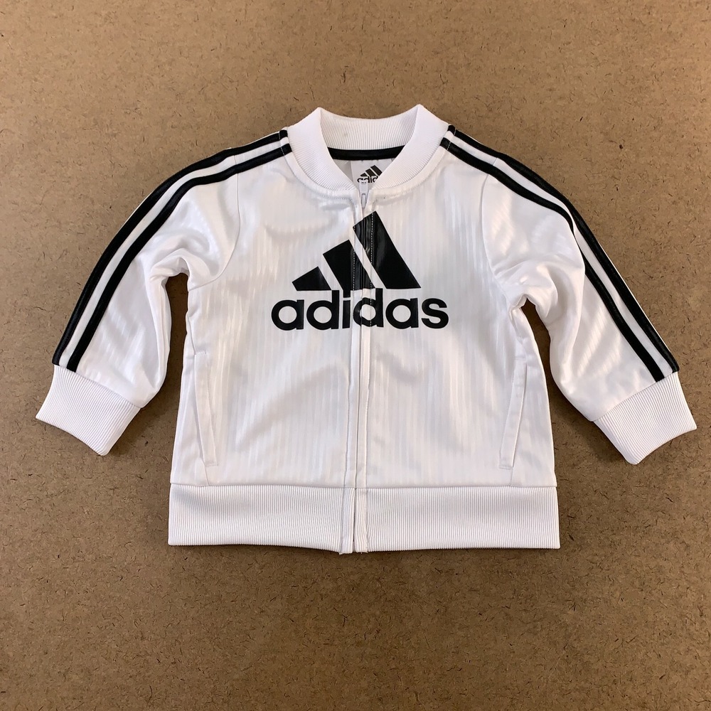 Adidas Baby Size 12 Months White Black Logo 3 Stripe Full Zip Track Jacket *Flaw